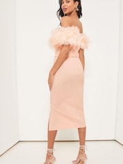 Lipsy Nude Premium Feather Belted Bardot Dress - Image 2 of 4