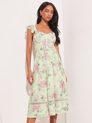 Lipsy Green Premium Printed Corset Ruffle Strap Midi Dress - Image 1 of 4