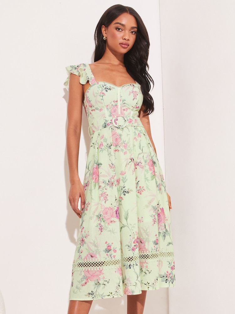 Lipsy Green Premium Printed Corset Ruffle Strap Midi Dress - Image 1 of 4