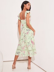 Lipsy Green Premium Printed Corset Ruffle Strap Midi Dress - Image 2 of 4