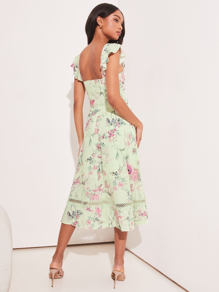 Lipsy Green Premium Printed Corset Ruffle Strap Midi Dress - Image 2 of 4