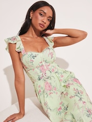 Lipsy Green Premium Printed Corset Ruffle Strap Midi Dress - Image 4 of 4