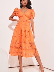 Lipsy Orange Petite Premium V Neck Belted Lace Short Puff Sleeve Midi Dress - Image 1 of 4