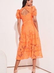 Lipsy Orange Petite Premium V Neck Belted Lace Short Puff Sleeve Midi Dress - Image 2 of 4