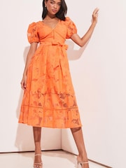 Lipsy Orange Petite Premium V Neck Belted Lace Short Puff Sleeve Midi Dress - Image 3 of 4