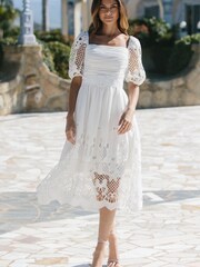 Lipsy White Premium Square Neck Puff Sleeve Lace Belted Skater Dress - Image 1 of 4