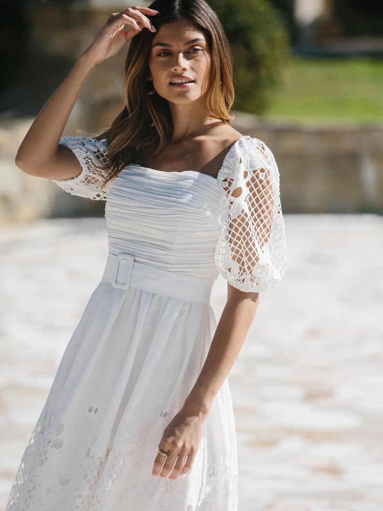 Lipsy White Premium Square Neck Puff Sleeve Lace Belted Skater Dress - Image 4 of 4
