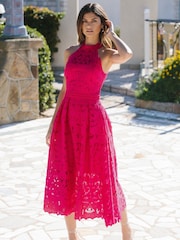 Lipsy Pink Premium Halter Lace Midi Dress - Image 1 of 4