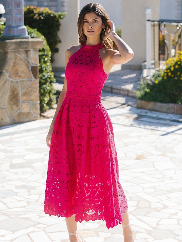 Lipsy Pink Premium Halter Lace Midi Dress - Image 1 of 4