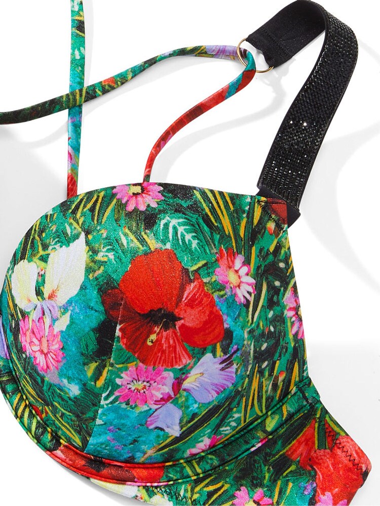 Victoria's Secret Tropical Floral Blue Add 2 Cups Push Up Shine Strap Swim Bikini Top - Image 4 of 4