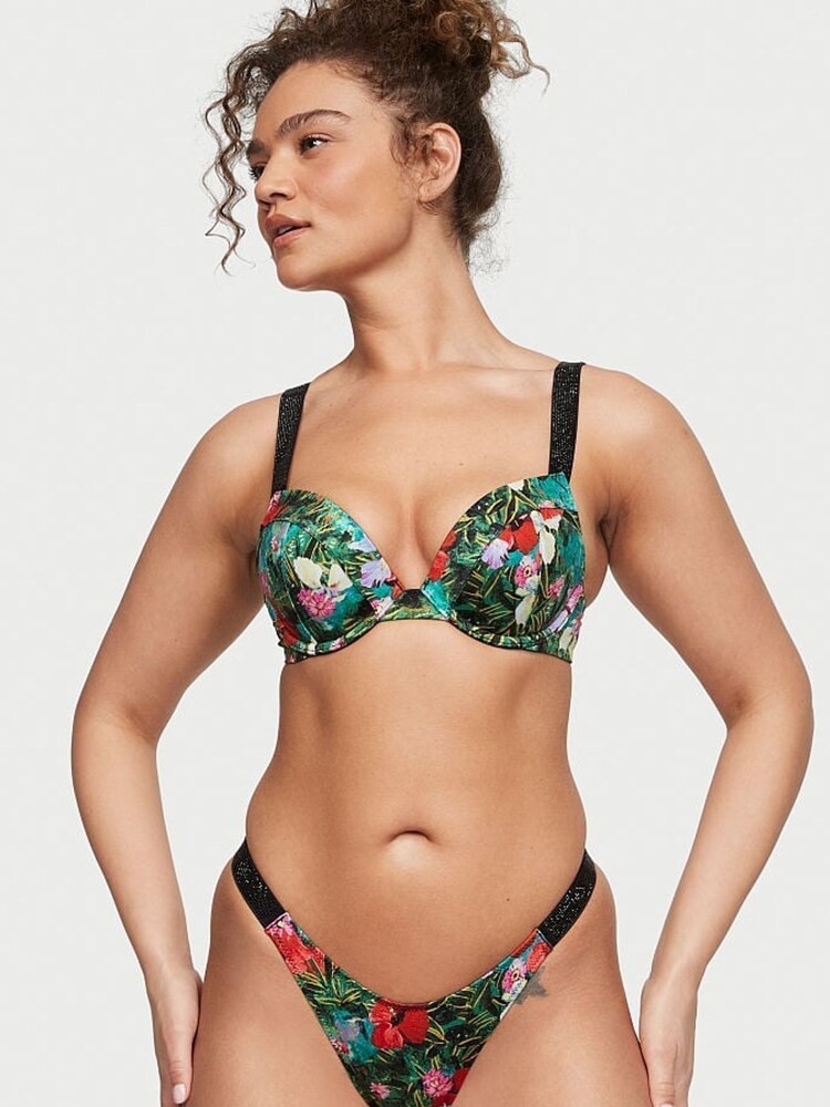 Victoria's Secret Tropical Floral Blue Push Up Shine Strap Swim Bikini Top - Image 1 of 4