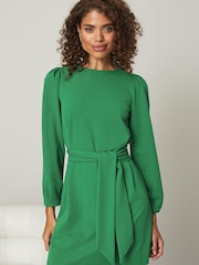 Lipsy Green Long Sleeve Round Neck Tie Waist Shift Dress - Image 1 of 4