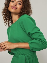 Lipsy Green Long Sleeve Round Neck Tie Waist Shift Dress - Image 4 of 4
