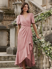 Lipsy Pink Flutter Sleeve Wrap Front Bridesmaid Maxi Dress - Image 1 of 4