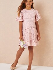 Lipsy Pink Flutter Sleeve Lace Occasion Dress - Image 2 of 4