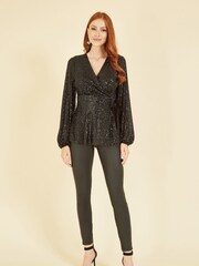 Yumi Black Sequin Wrap Top - Image 2 of 4