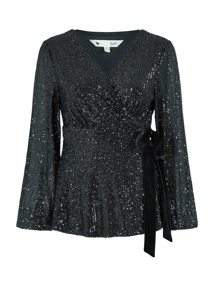 Yumi Black Sequin Wrap Top - Image 4 of 4