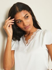Lipsy White Satin Lace Trim V Neck Short Sleeve T-Shirt - Image 1 of 4