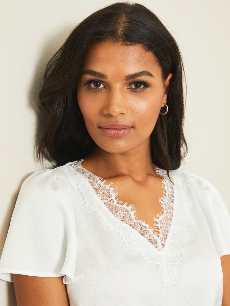 Lipsy White Satin Lace Trim V Neck Short Sleeve T-Shirt - Image 4 of 4