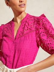 Love & Roses Pink Broderie V Neck Ruffle Yoke Puff Sleeve Blouse - Image 2 of 4