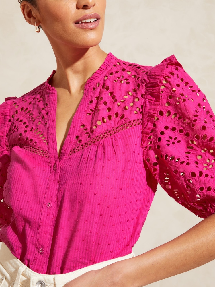 Love & Roses Pink Broderie V Neck Ruffle Yoke Puff Sleeve Blouse - Image 2 of 4