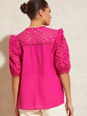 Love & Roses Pink Broderie V Neck Ruffle Yoke Puff Sleeve Blouse - Image 3 of 4