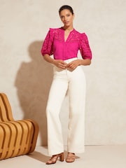Love & Roses Pink Broderie V Neck Ruffle Yoke Puff Sleeve Blouse - Image 4 of 4