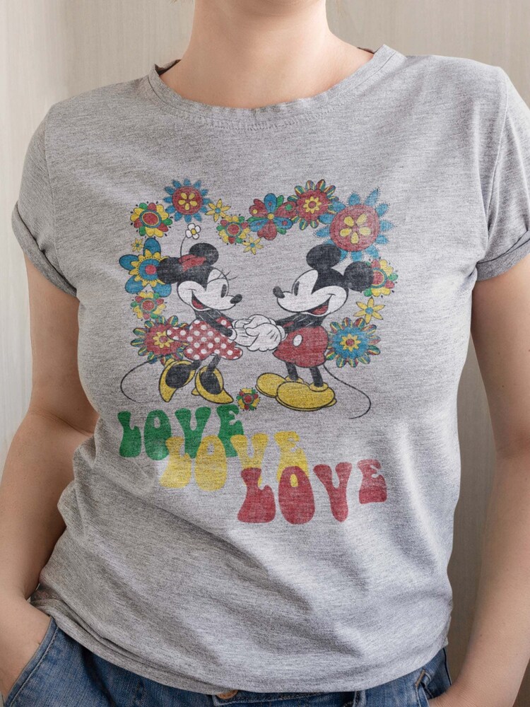 Brands In Grey Mickey Mouse Hippie Love Women Heather Grey Disney T-Shirt - Image 1 of 4