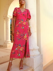 Love & Roses Pink Floral Petite Flutter Sleeve V Neck Tie Back Split Midi Dress - Image 1 of 4