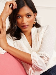 Love & Roses Ivory Ruffle Neck Lace Trim Tie Cuff 3/4 Sleeve Dobby Spot Blouse - Image 1 of 3