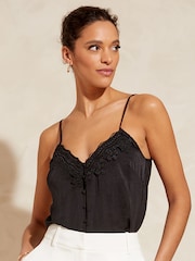 Love & Roses Black Lace Trim V Neck Cami Vest Top - Image 1 of 4