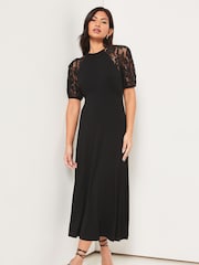 Lipsy Black Lace Jersey Puff Short Sleeve Underbust Midi Dress - Image 1 of 4