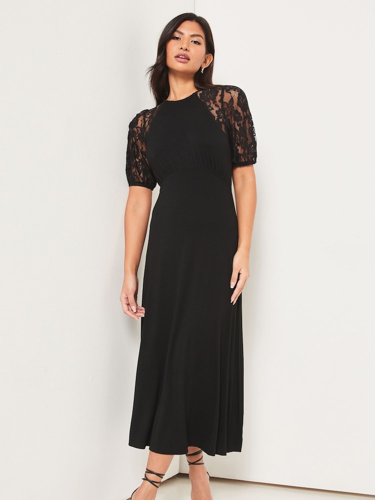 Lipsy Black Lace Jersey Puff Short Sleeve Underbust Midi Dress - Image 1 of 4