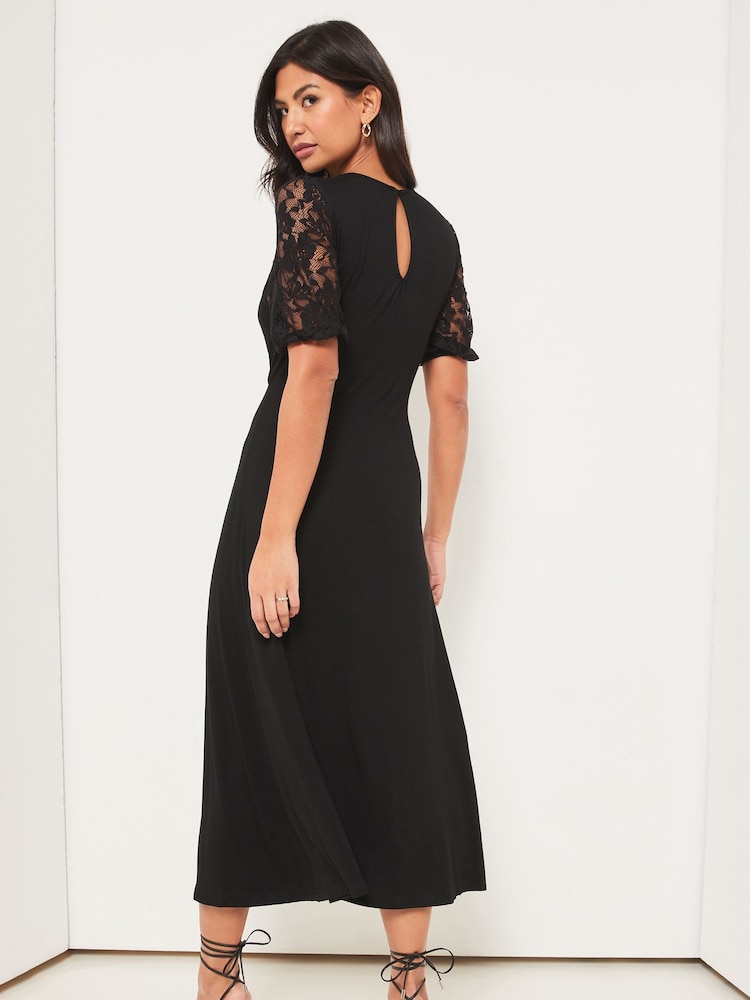 Lipsy Black Lace Jersey Puff Short Sleeve Underbust Midi Dress - Image 2 of 4