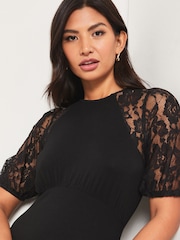 Lipsy Black Lace Jersey Puff Short Sleeve Underbust Midi Dress - Image 4 of 4