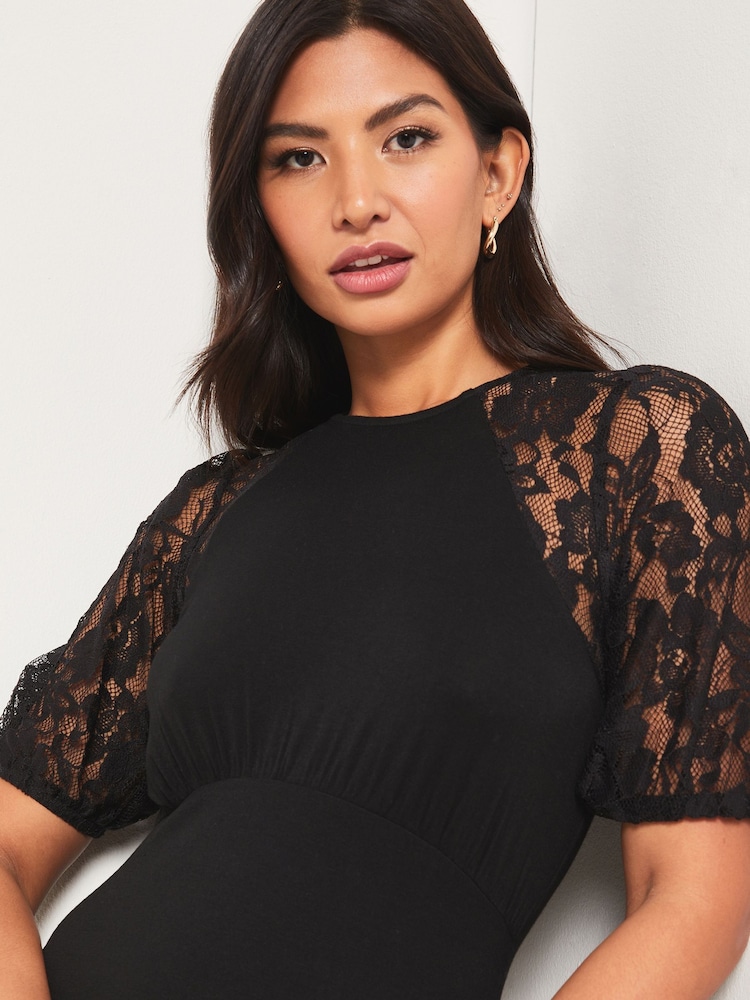 Lipsy Black Lace Jersey Puff Short Sleeve Underbust Midi Dress - Image 4 of 4