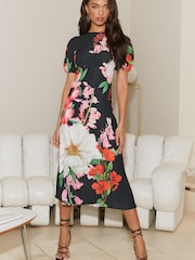 Lipsy Black Floral Woven Underbust Puff Sleeve Summer Midi Dress - Image 1 of 4