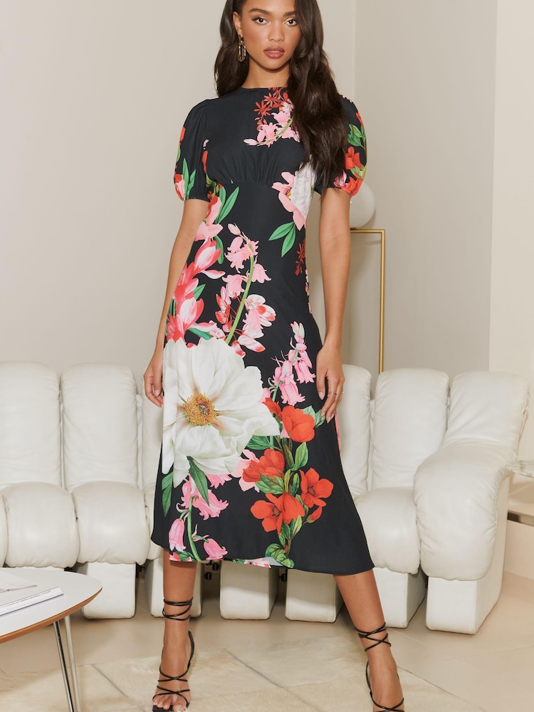 Lipsy Black Floral Woven Underbust Puff Sleeve Summer Midi Dress - Image 1 of 4 Lipsy Black Floral Woven Underbust Puff Sleeve Summer Midi Dress - Image 1 of 4