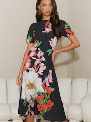 Lipsy Black Floral Woven Underbust Puff Sleeve Summer Midi Dress - Image 2 of 4