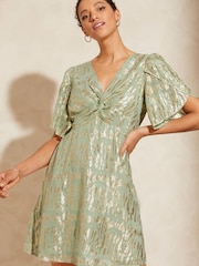 Love & Roses Sage Green Metallic Twist Front Flutter Sleeve Mini Dress - Image 1 of 4