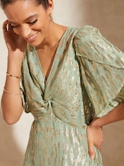 Love & Roses Sage Green Metallic Twist Front Flutter Sleeve Mini Dress - Image 2 of 4