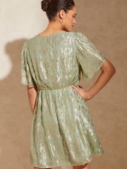 Love & Roses Sage Green Metallic Twist Front Flutter Sleeve Mini Dress - Image 3 of 4