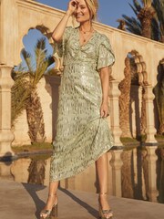 Love & Roses Sage Green Metallic V Neck Twist Front Flutter Sleeve Midi Dress - Image 3 of 4