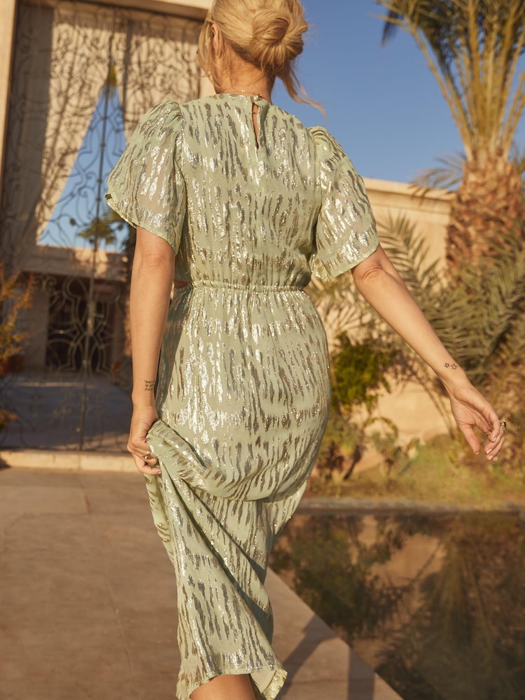 Love & Roses Sage Green Metallic V Neck Twist Front Flutter Sleeve Midi Dress - Image 4 of 4 Love & Roses Sage Green Metallic V Neck Twist Front Flutter Sleeve Midi Dress - Image 4 of 4