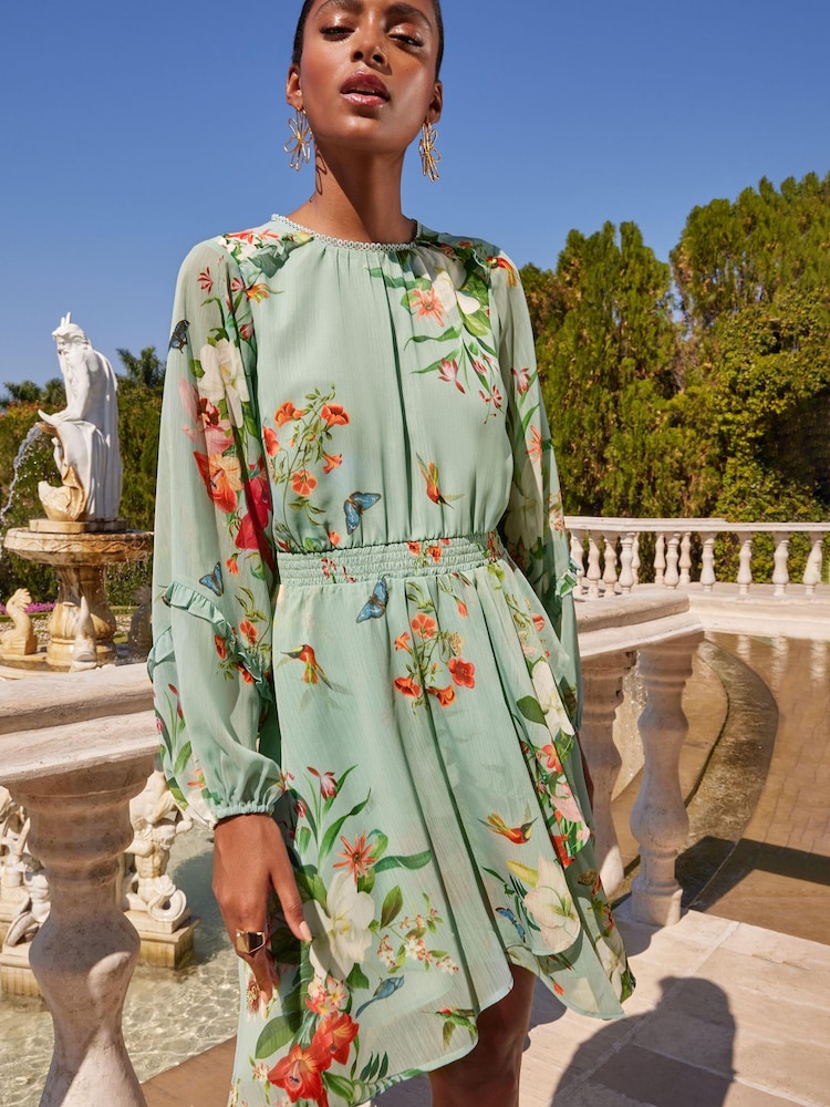 Love & Roses Sage Green Floral Printed Ruffle Long Sleeve Skater Dress - Image 1 of 4