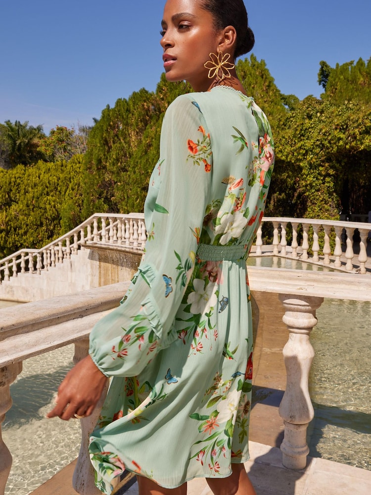 Love & Roses Sage Green Floral Printed Ruffle Long Sleeve Skater Dress - Image 2 of 4