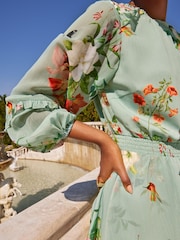 Love & Roses Sage Green Floral Printed Ruffle Long Sleeve Skater Dress - Image 3 of 4