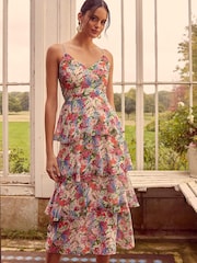 Love & Roses Pink Floral Print Tiered Cami Midi Dress - Image 1 of 4