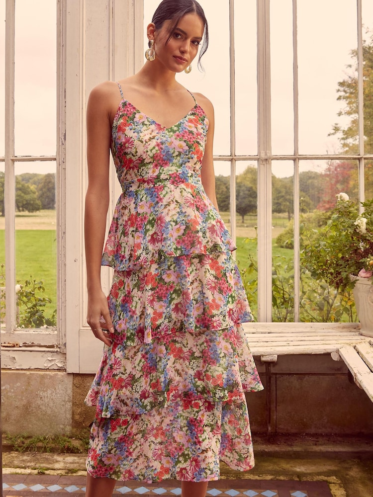 Love & Roses Pink Floral Print Tiered Cami Midi Dress - Image 1 of 4