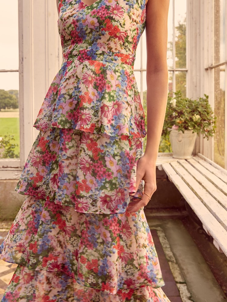 Love & Roses Pink Floral Print Tiered Cami Midi Dress - Image 2 of 4